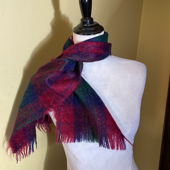 Wool Angora Winter Scarf UNISEX Fringe Edges 9”W x 46”L Plaid Vibrant $160 NEW - Picture 5 of 15